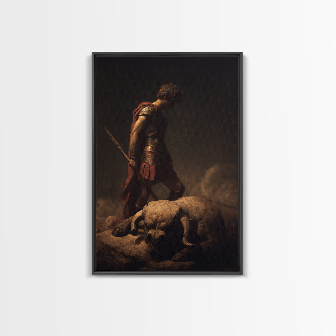 Heroic Warrior Standing Over Fallen Ram, Framed Canvas Print, Mythological Wall Art, Dark Fantasy Decor, Masculine Gift For Him