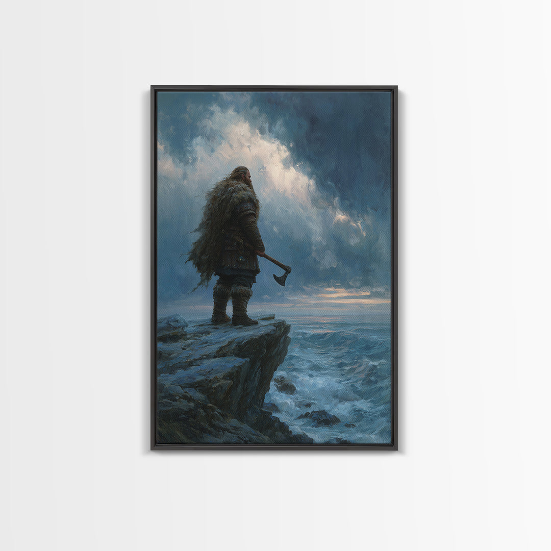 Viking Warrior On Stormy Ocean Cliff Wall Art, Norse Fantasy Canvas, Moody Seascape Print, Masculine Home Decor, Gift For Him