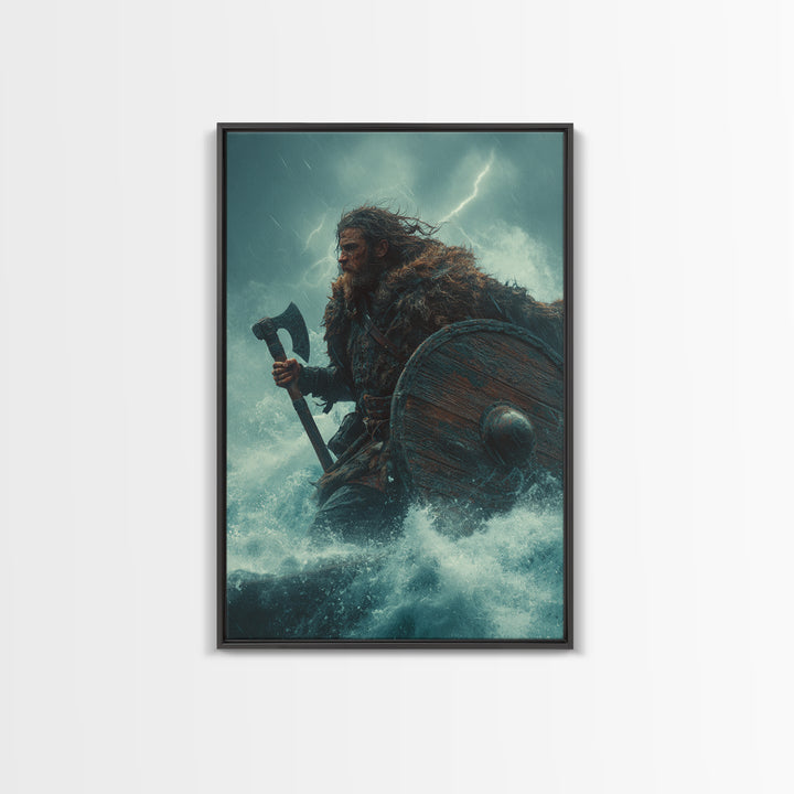 Stormy Viking Warrior With Axe, Norse Seascape Wall Art, Dark Fantasy Canvas Print, Masculine Decor, Gift For Him, Man Cave