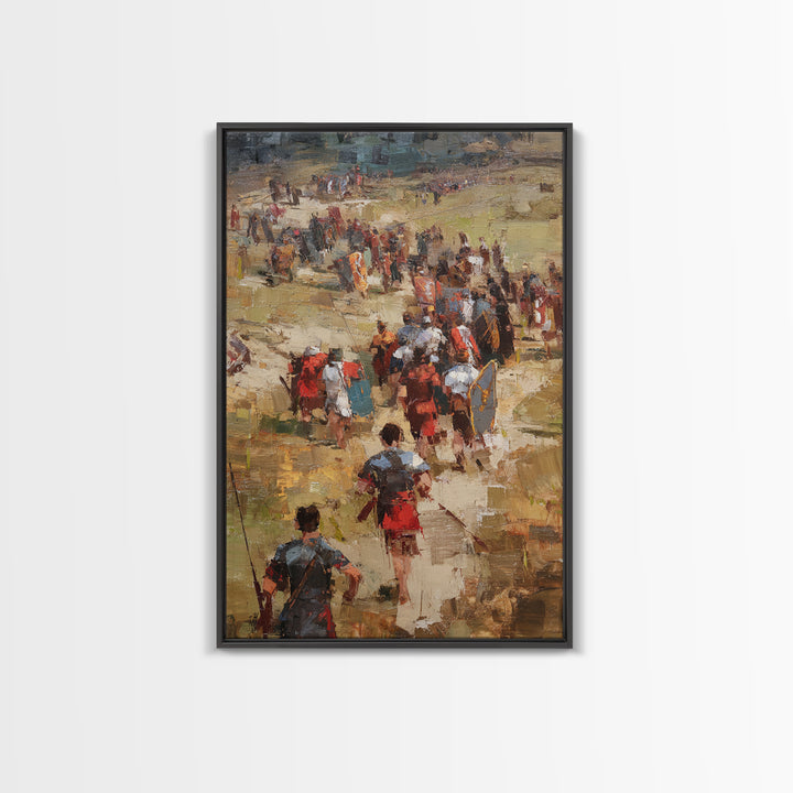 Roman Soldiers Marching Through Sunlit Camp Canvas Print, Impressionist Historical Wall Art, Classical Home Decor, Gift For Him
