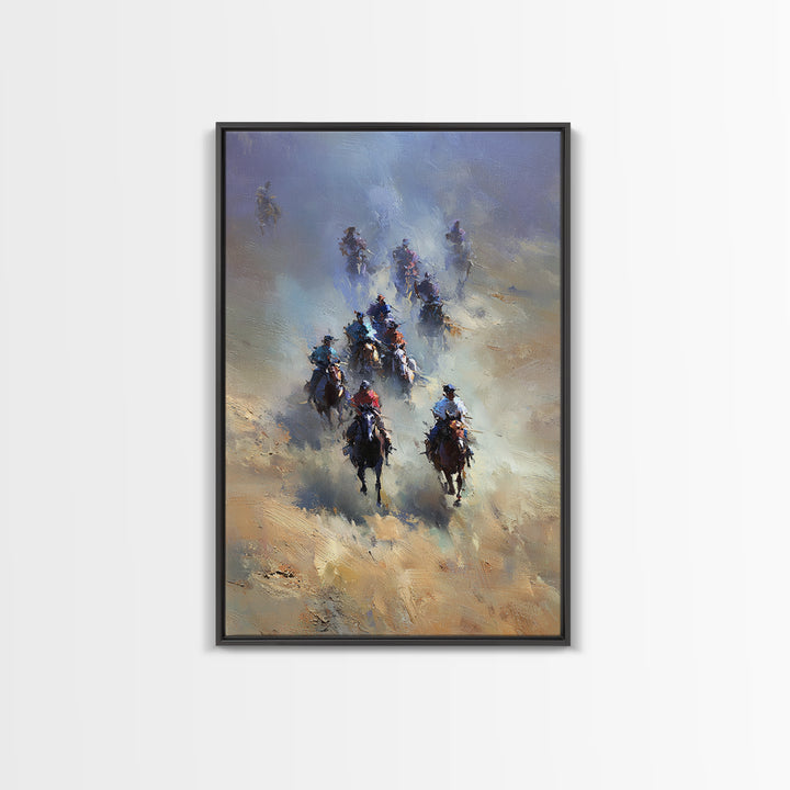 Galloping Cowboys In Dusty Desert Wall Art, Western Horse Racing Painting, Rustic Ranch Decor, Gift For Horse Lover, Living Room Art