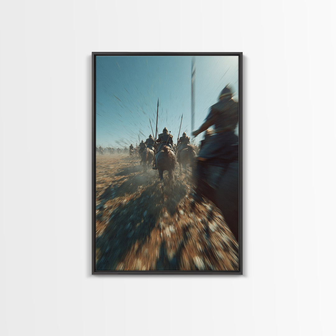 Ancient Cavalry Charge Across Dusty Battlefield Canvas Print, Epic Battle Wall Art, Horse Racing Decor, Masculine Art Gift For Him