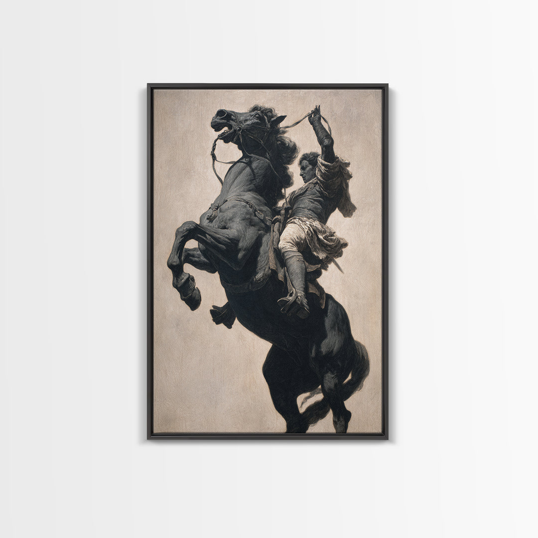 Rearing Black Horse And Rider Framed Canvas Print, Dramatic Equestrian Wall Art, Western Decor, Horse Lover Gift For Ranch Home