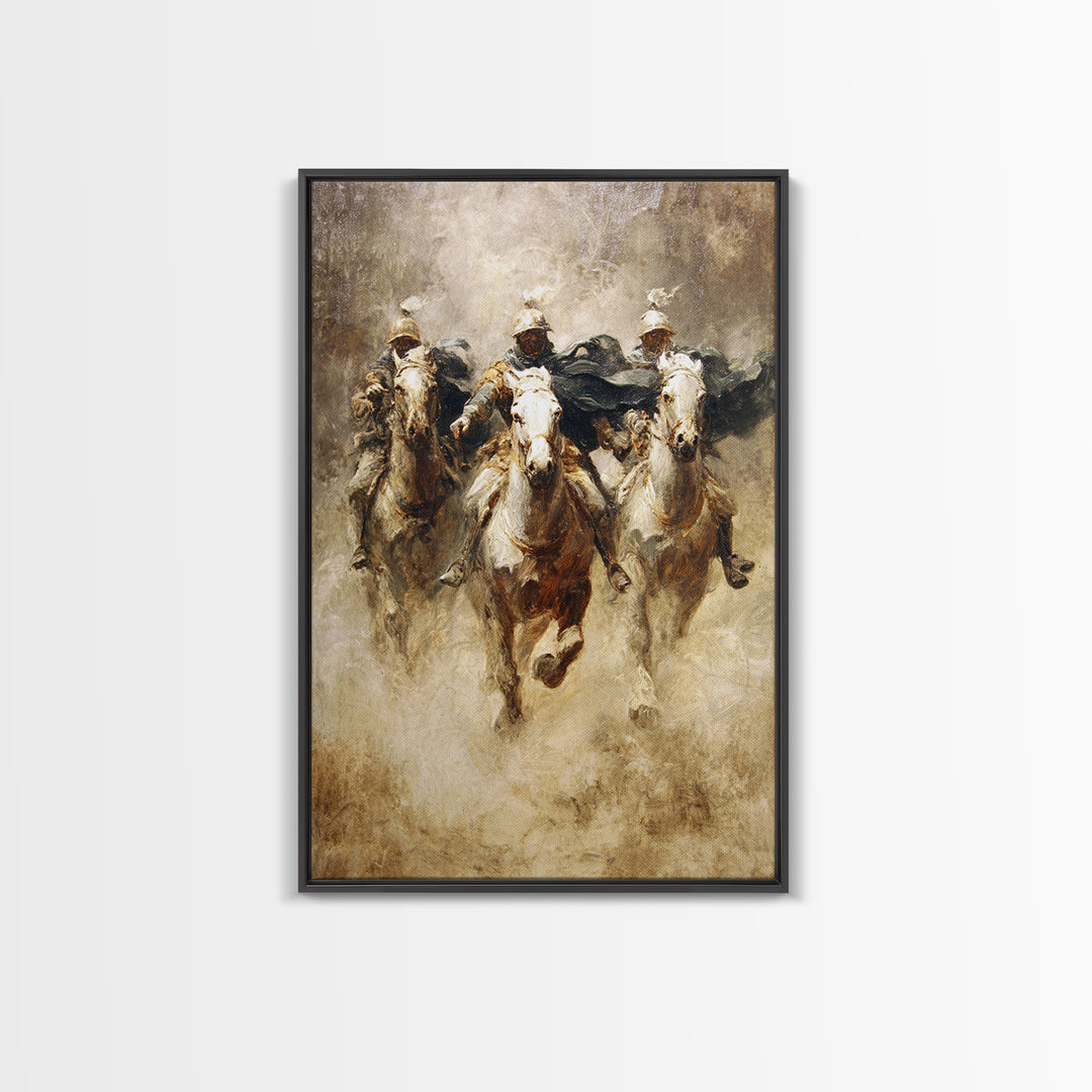 Charging Medieval Cavalry Riders Wall Art, Dramatic Horse Battle Canvas Print, Rustic Fantasy Decor, Large Living Room Decor