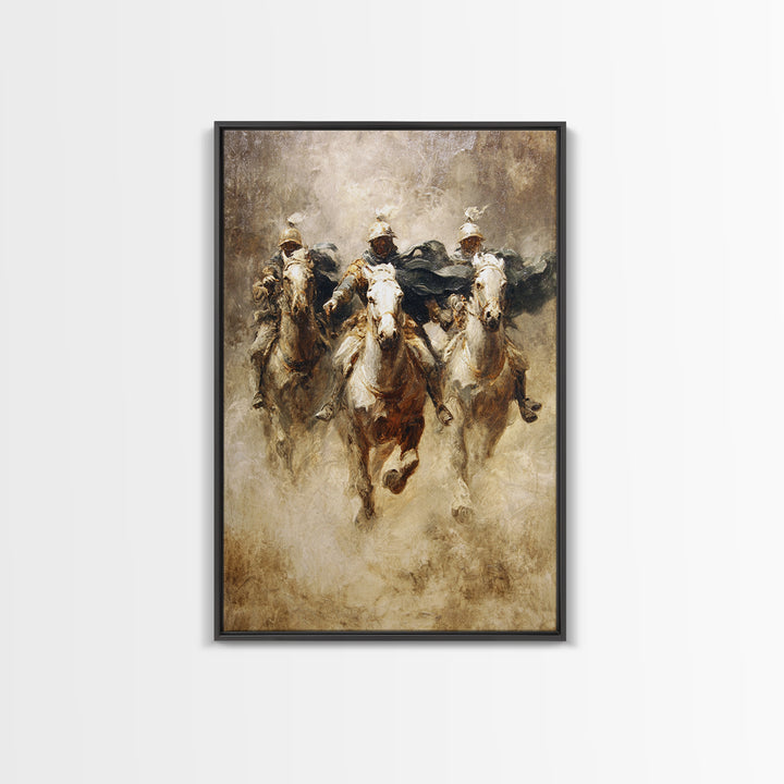 Charging Medieval Cavalry Riders Wall Art, Dramatic Horse Battle Canvas Print, Rustic Fantasy Decor, Large Living Room Decor