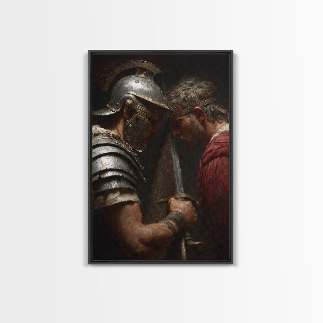 Roman Gladiator Face Off With Sword Wall Art, Intense Ancient Duel Canvas Print, Dark Masculine Office Decor, Gift For Him