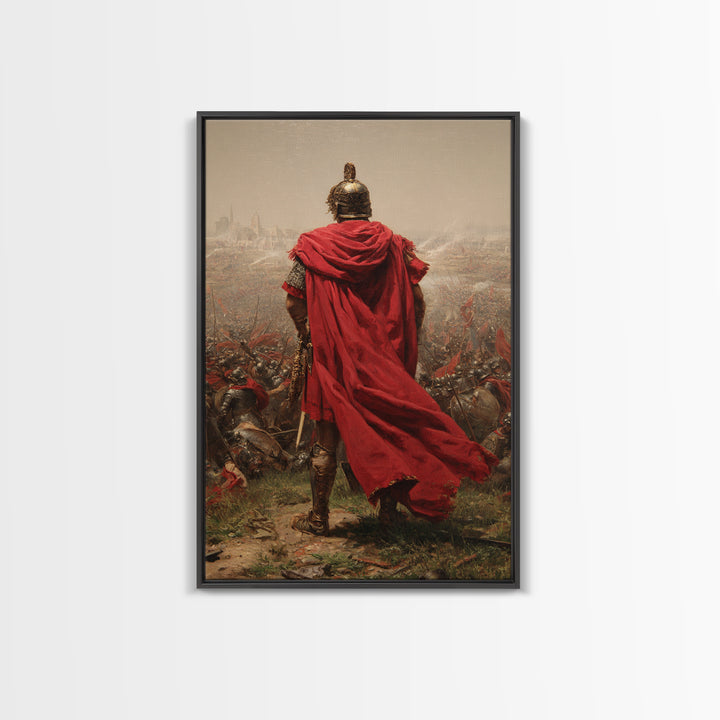 Roman General Red Cloak Wall Art, Epic Battlefield Oil Painting, Ancient Warrior Canvas Decor For Masculine Office Gift Idea