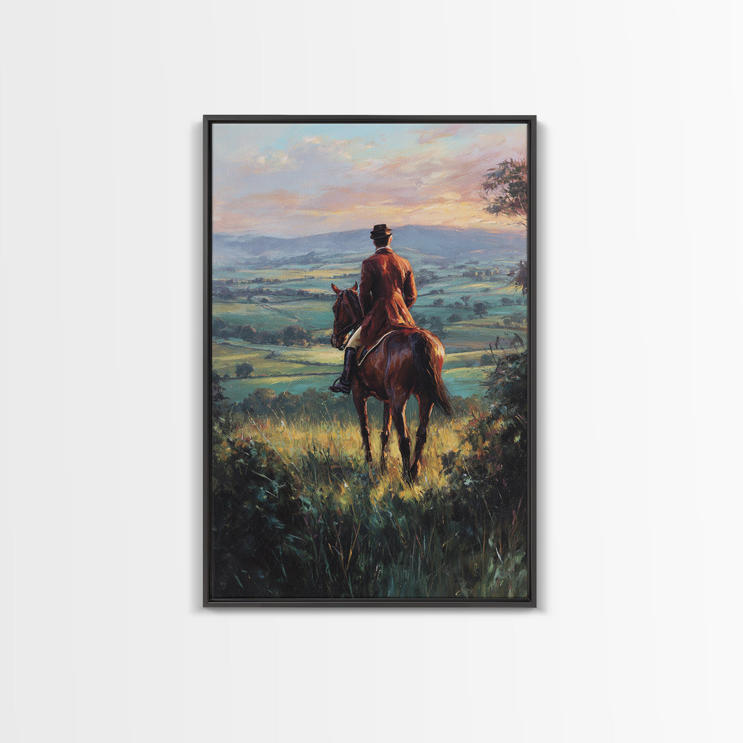 Rider On Horse Over Rolling Countryside Canvas Print, Equestrian Wall Art, Country Landscape Painting, Rustic Home Decor