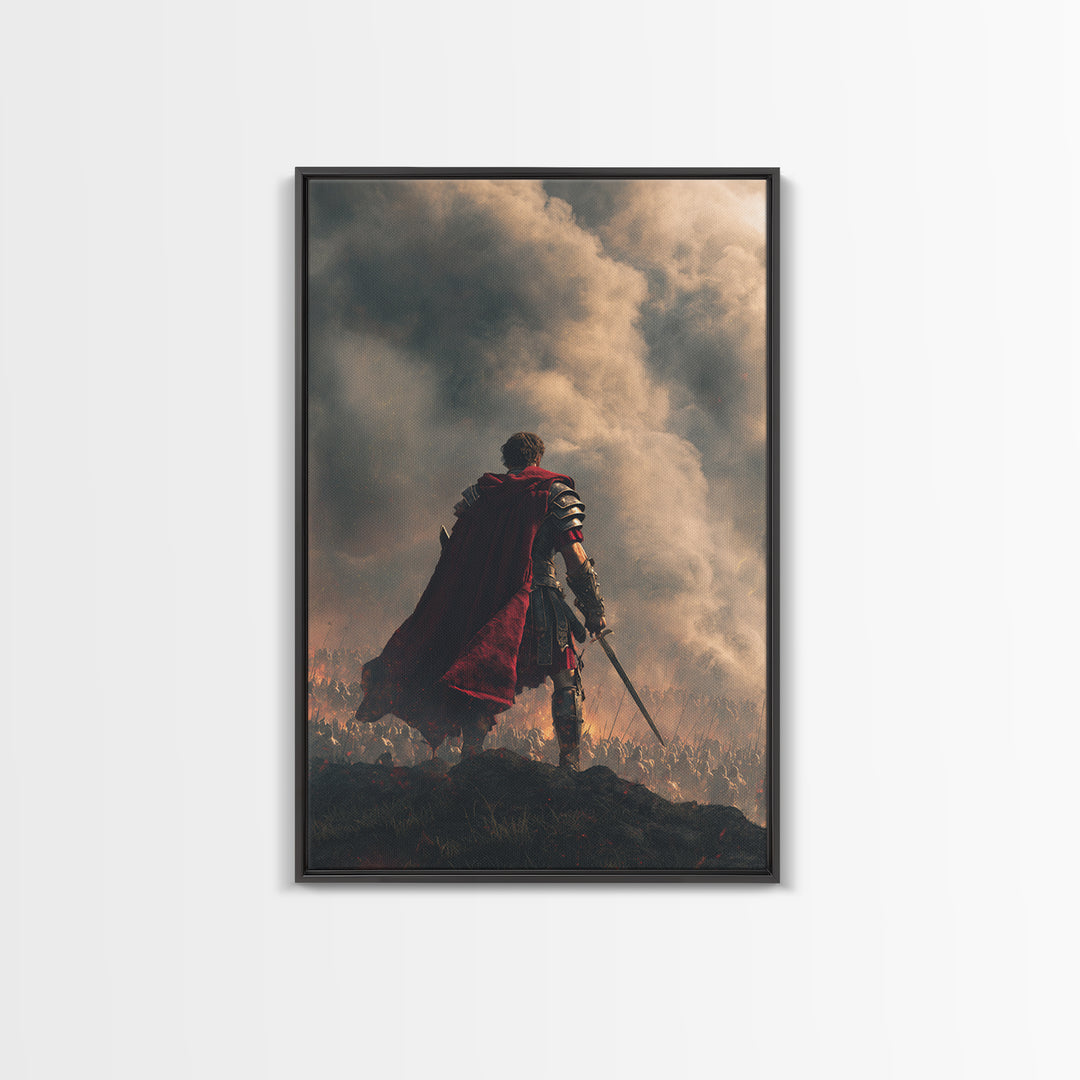 Roman Commander Over Burning Battlefield Framed Canvas Print, Ancient Warrior Wall Art, Dramatic History Decor, Gift For Him