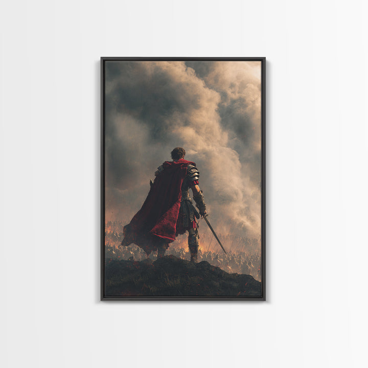 Roman Commander Over Burning Battlefield Framed Canvas Print, Ancient Warrior Wall Art, Dramatic History Decor, Gift For Him