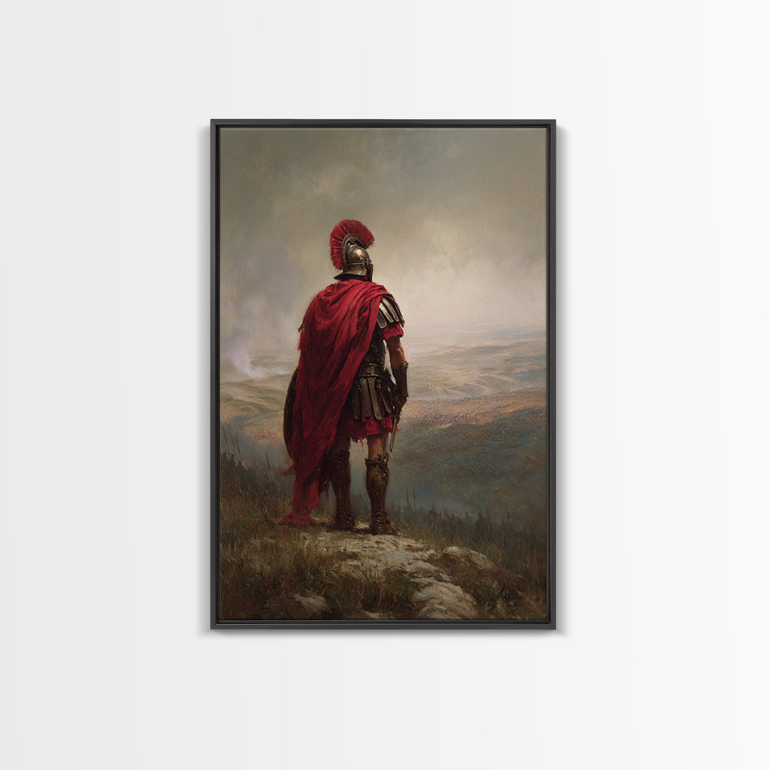 Roman Centurion In Red Cloak Overlooking Battlefield Wall Art, Ancient Warrior Canvas Print For Office Decor And Gift For Him