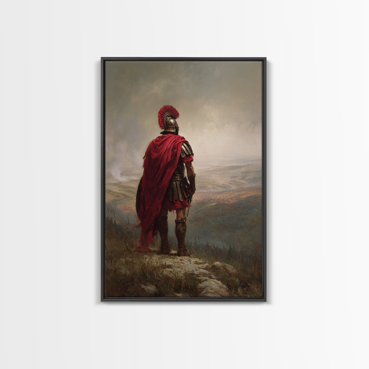 Roman Centurion In Red Cloak Overlooking Battlefield Wall Art, Ancient Warrior Canvas Print For Office Decor And Gift For Him