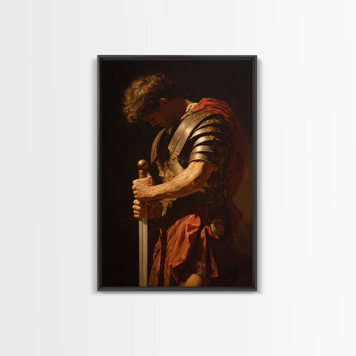 Roman Commander With Sword Framed Canvas Print, Dramatic Warrior Wall Art, Classical Oil Painting, Dark Academia Office Decor
