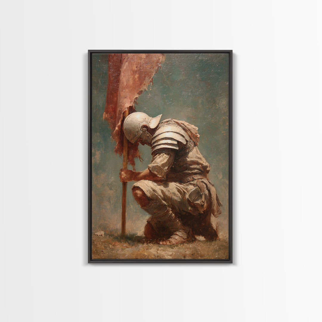Kneeling Medieval Soldier With Torn Banner Wall Art, Somber Warrior Canvas Print, Historical Battle Decor, Memorial Gift
