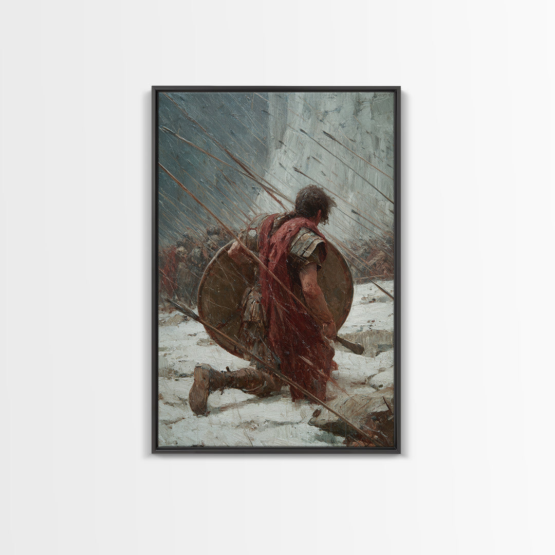 Kneeling Roman Soldier In Arrow Storm Wall Art, Ancient Battle Canvas Print, Heroic Warrior Office Decor, History Gift For Him
