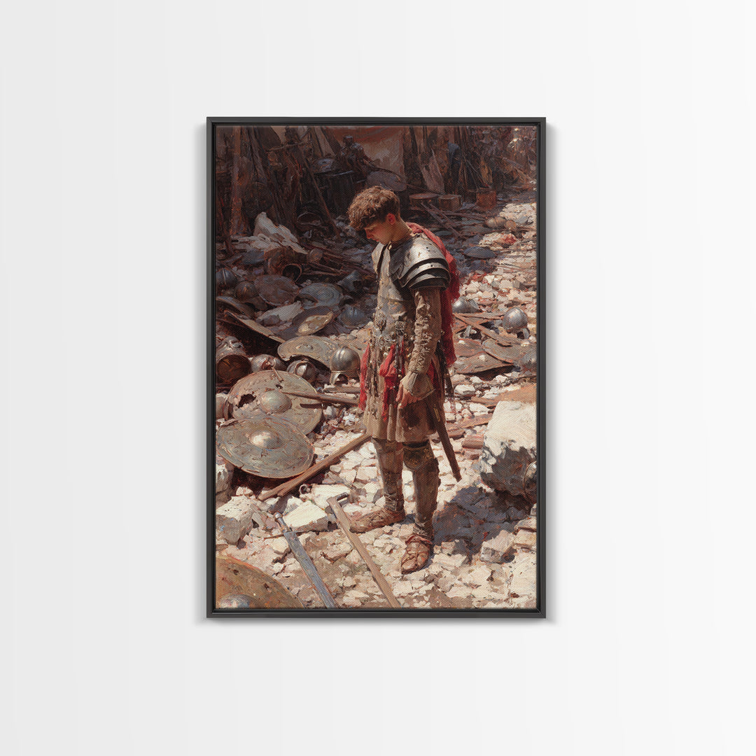 Young Warrior Among Fallen Shields Framed Canvas Print, Roman Battle Oil Painting, Historical Wall Art, Teen Boys Room Decor Gift