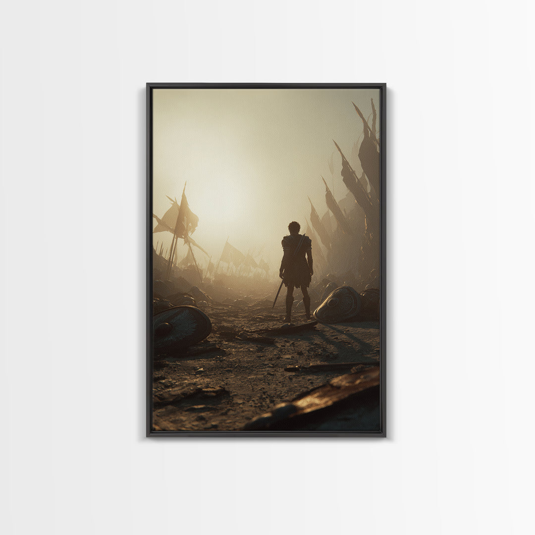 Lone Ancient Warrior In Sunlit Battlefield Canvas Print, Epic Fantasy Wall Art, Greek Battle Decor, Masculine Office Art