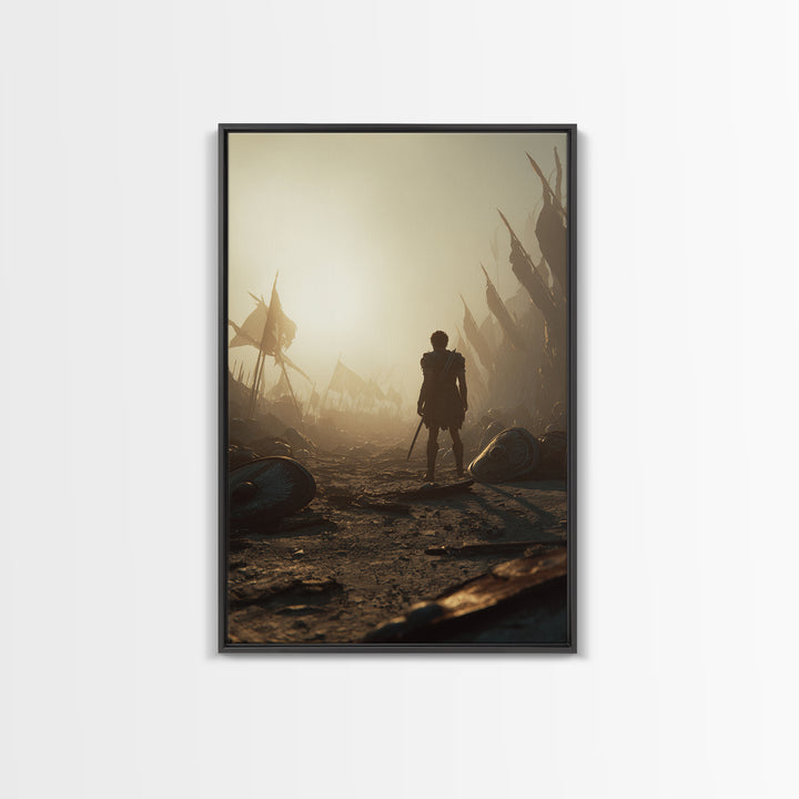 Lone Ancient Warrior In Sunlit Battlefield Canvas Print, Epic Fantasy Wall Art, Greek Battle Decor, Masculine Office Art
