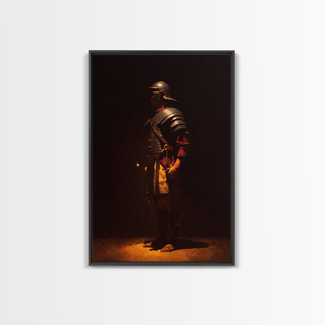 Roman Legionary In Bronze Armor, Framed Canvas Print, Dark Academia Wall Art, Ancient Warrior Decor, Office Art Print, Gift