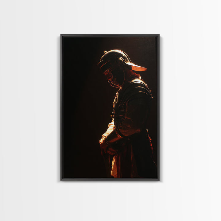 Moody Helmeted Warrior In Golden Rim Light Framed Canvas Print, Dark Fantasy Art, Masculine Office Decor, Gothic Wall Art