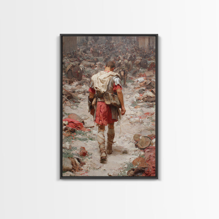 Historic Roman Soldier Amidst Battle Aftermath Detailed Painting Wall Art Canvas Print For History Buffs And Home Decor