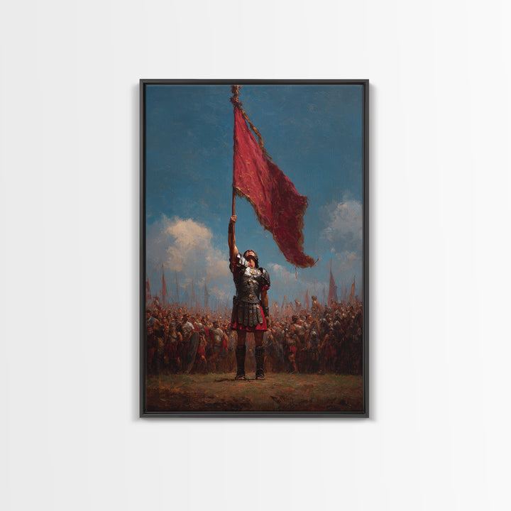 Roman Warrior Raising Red Battle Flag Wall Art, Historical Soldier Canvas, Dramatic Legion Artwork, Gift For Him, Living Room Decor