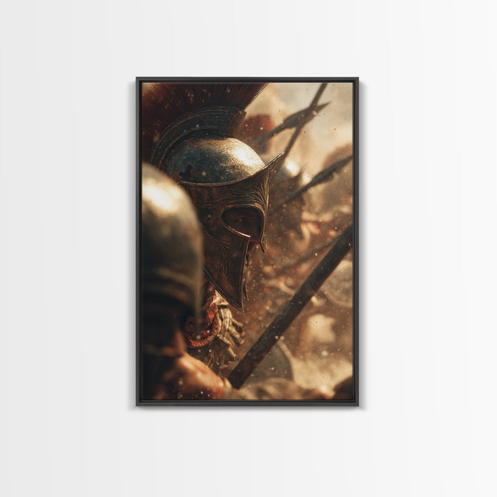 Bronze Spartan Helmet In Ancient Battle Canvas Print, Greek Warrior Wall Art, Historical Office Decor, Masculine Gift For Him