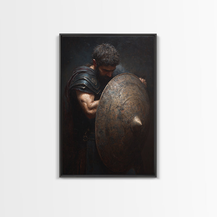 Bearded Warrior Holding Round Bronze Shield Framed Canvas Print, Spartan Wall Art, Masculine Office Decor, Fine Art Print