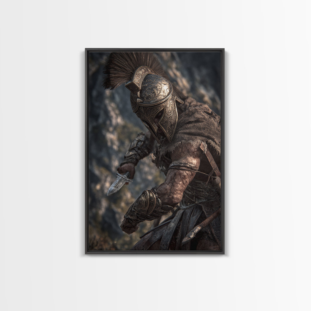 Armored Spartan Warrior With Bronze Helmet Wall Art, Ancient Greek Canvas Print, Masculine Office Decor, History Gift For Him