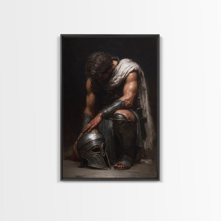 Kneeling Gladiator With Helmet Framed Canvas Print, Roman Warrior Oil Painting, Dark Academia Wall Art, Masculine Decor Gift
