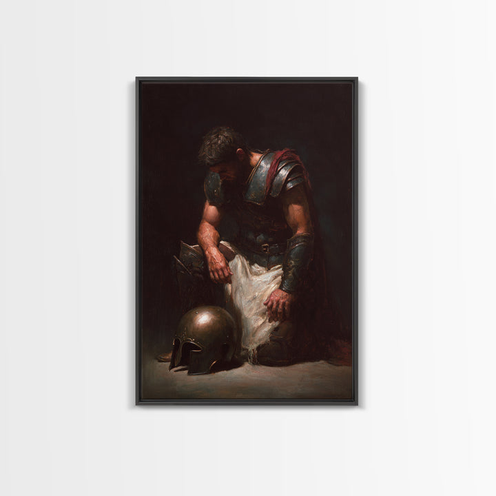 Kneeling Roman Soldier With Bronze Helmet Canvas Print, Dark Academia Wall Art, Moody Historical Warrior Art Decor, Gift For Him