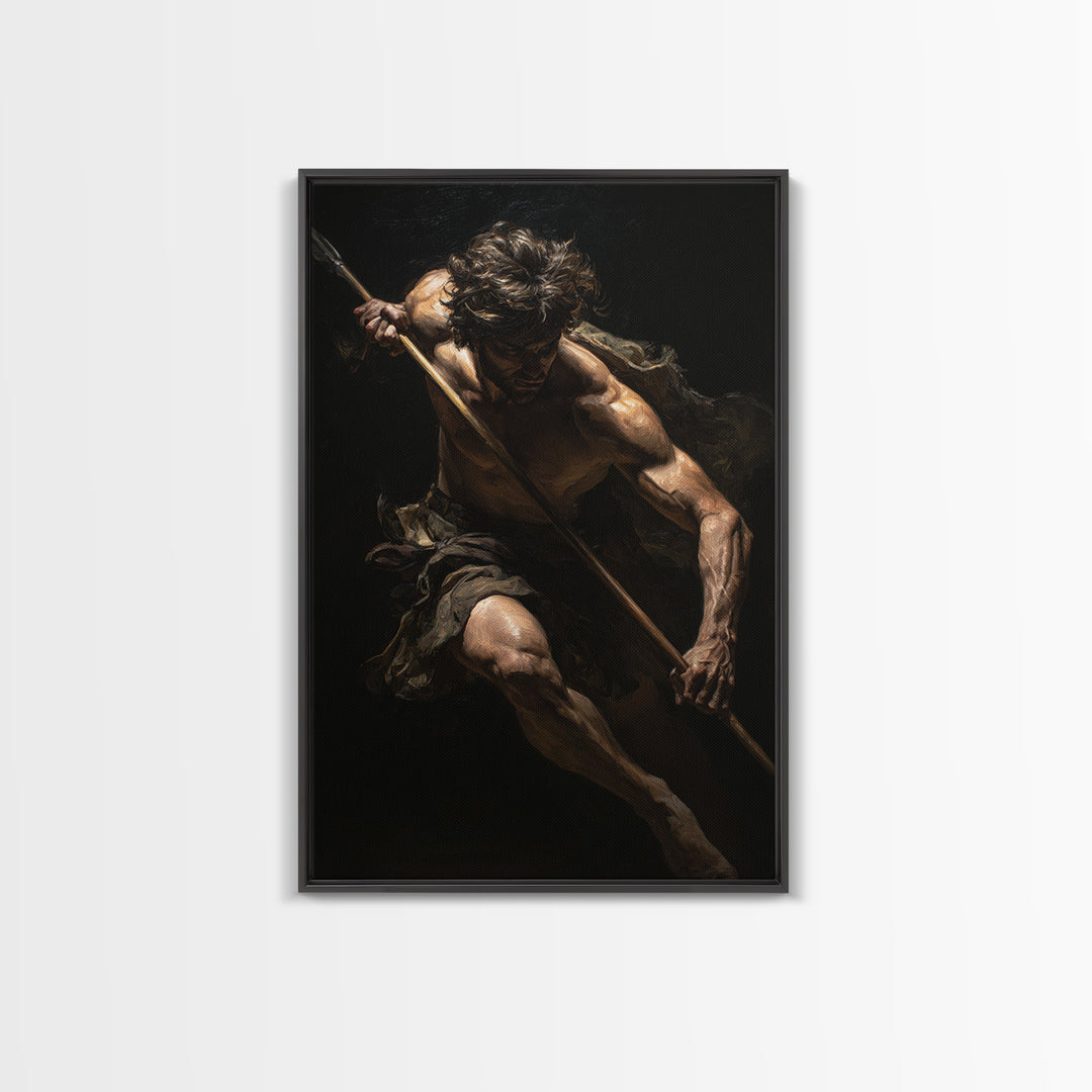 Classical Spear Warrior In Shadow Framed Canvas Print, Mythological Wall Art, Dark Academia Decor, Masculine Fine Art Print