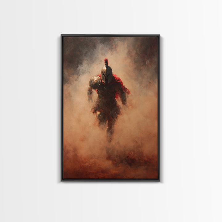 Spartan Warrior Emerging Through Red Smoke, Canvas Print, Dramatic Battle Wall Art, Ancient Greek Decor, Masculine Art, Gift For Him