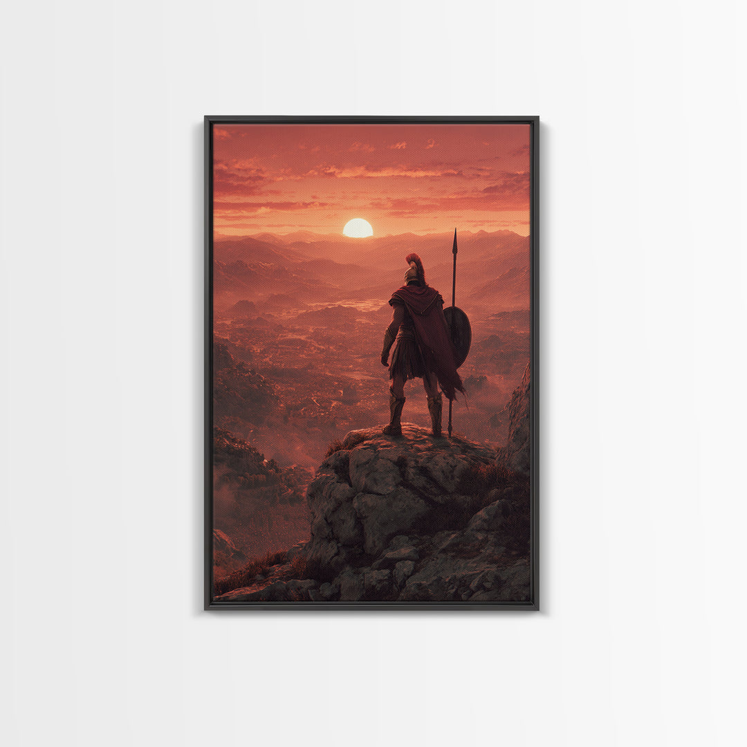 Spartan Warrior At Red Sunset, Epic Landscape Wall Art, Greek Soldier Canvas Print, Masculine Office Decor, Gift For Him