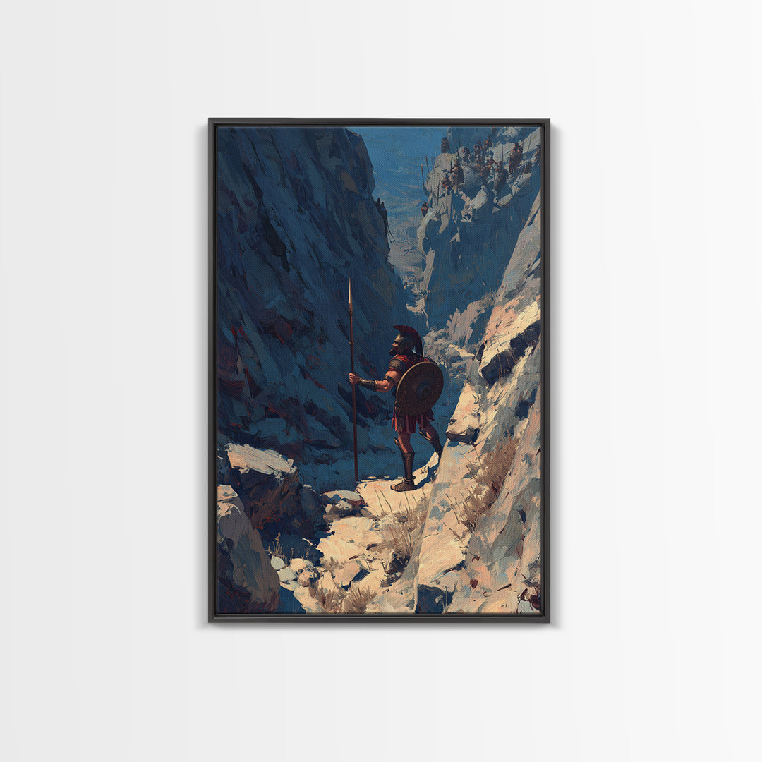 Spartan Warrior In Snowy Mountain Pass Framed Canvas Print, Ancient Greek Wall Art, Masculine Office Decor Gift, Housewarming Gift