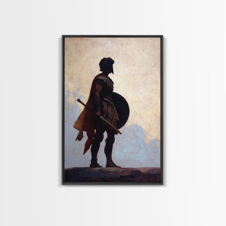 Ancient Warrior Silhouette With Shield And Sword Wall Art, Roman Soldier Canvas, Masculine Office Decor, Historical Fine Art Print