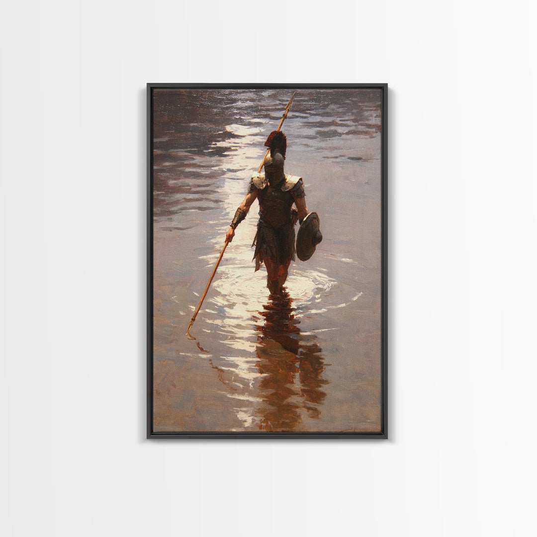 Solitary Spartan Warrior In Shimmering Water Wall Art, Ancient Spear Canvas Print, Greek History Living Room And Office Decor