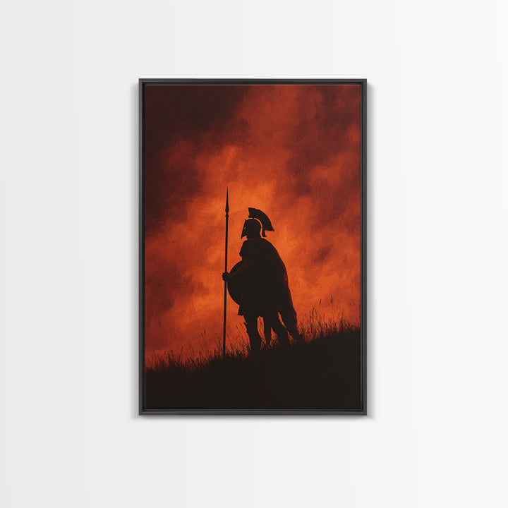 Spartan Silhouette At Red Sunset Wall Art, Ancient Warrior Canvas Print, Dramatic Battle Painting, Masculine Decor Gift For Him