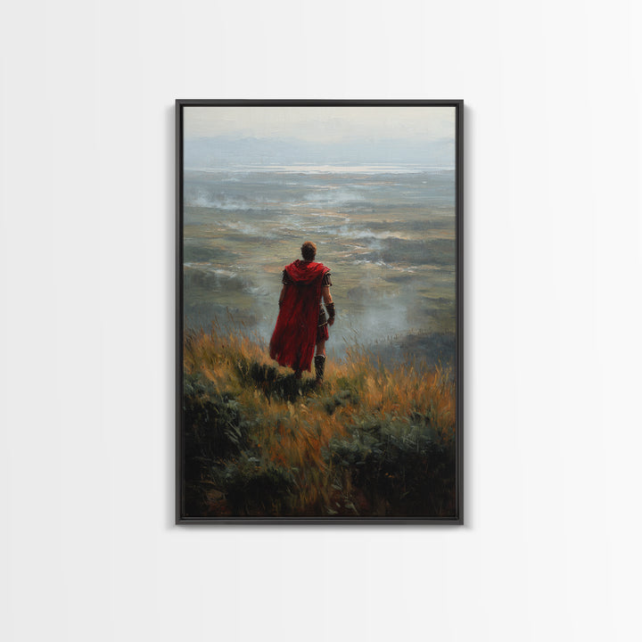 Roman Soldier In Red Cape Over Misty Valley Wall Art, Historical Landscape Painting, Moody Warrior Art Decor, Gift For Him