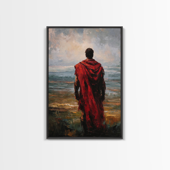Red Cloaked Warrior Gazing At Sea Canvas Print, Moody Seascape Oil Painting, Roman Wall Art, Masculine Living Room Decor