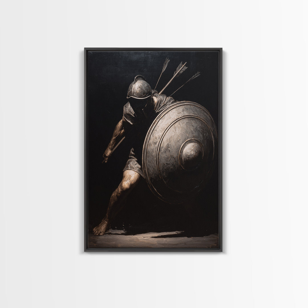 Wounded Medieval Knight Framed Canvas Print, Dark Academia Wall Art, Gothic Warrior Painting, Masculine Office Decor Gift