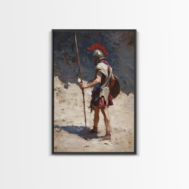 Solitary Roman Guard With Spear Wall Art, Ancient Soldier Canvas Print, Historical Warrior Decor, Masculine Office Art Gift