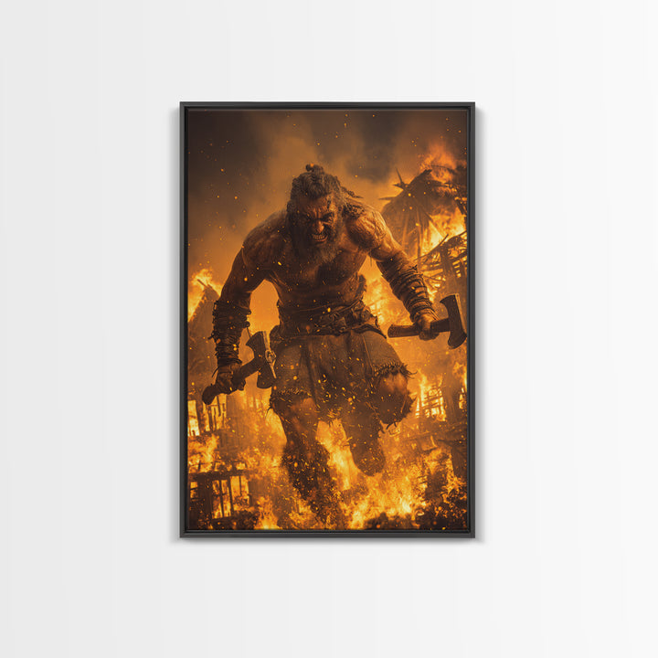 Fiery Berserker Giant With Axes, Dark Fantasy Wall Art, Viking Warrior Canvas, Gothic Decor, Man Cave, Statement Artwork Print