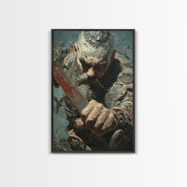 Viking Warrior Sword Framed Canvas Print, Impasto Battle Portrait, Medieval Norse Wall Decor For Masculine Office Gift Idea