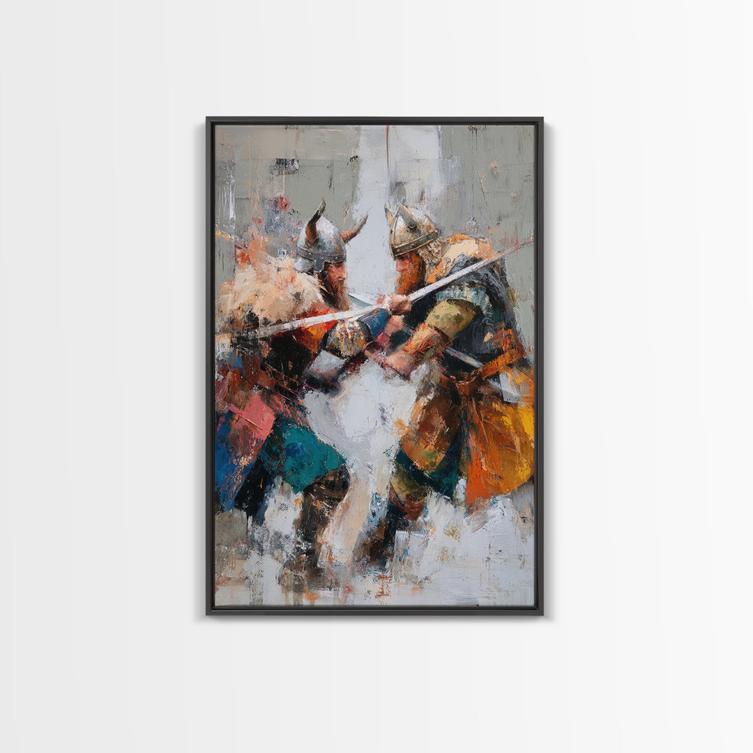 Viking Warriors Clashing Swords Canvas Print, Norse Battle Wall Art, Bold Historical Painting, Rustic Home Decor, Gift For Him