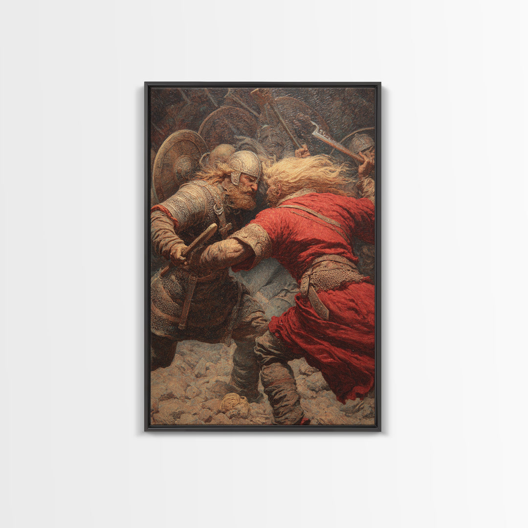 Viking Warriors Locked In Battle Wall Art, Norse Mythology Oil Painting, Historical Art Print, Rustic Man Cave Decor Gift