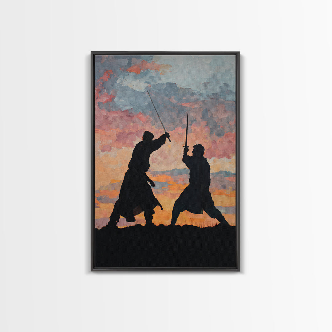 Samurai Sword Duel At Sunset Wall Art, Dramatic Warrior Canvas Print, Japanese Battle Decor, Martial Arts Gift For Him, Dojo Decor