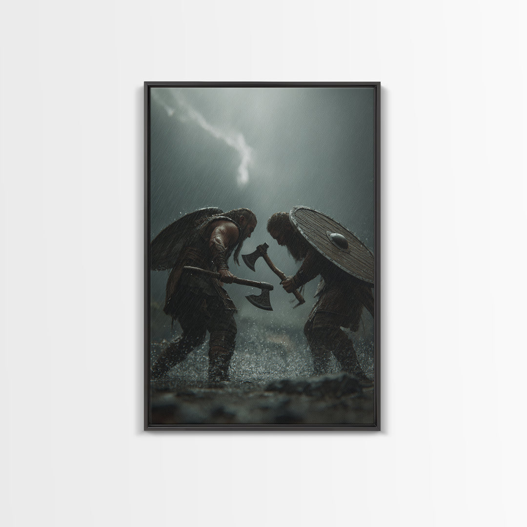 Viking Warriors Duel In Heavy Rain Wall Art, Nordic Battle Canvas Print, Dark Fantasy Decor, Masculine Office Art Gift For Him