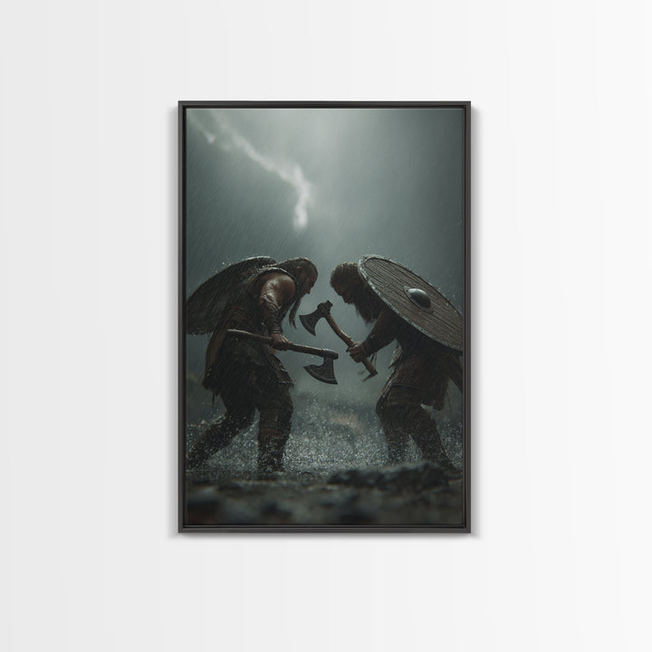Viking Warriors Duel In Heavy Rain Wall Art, Nordic Battle Canvas Print, Dark Fantasy Decor, Masculine Office Art Gift For Him