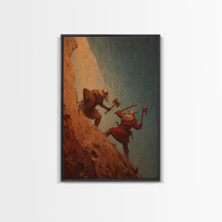 Viking Cliff Duel Wall Art, Norse Axes And Shields Fantasy Canvas Print, Warrior Battle Decor, Medieval Man Cave Wall Decor
